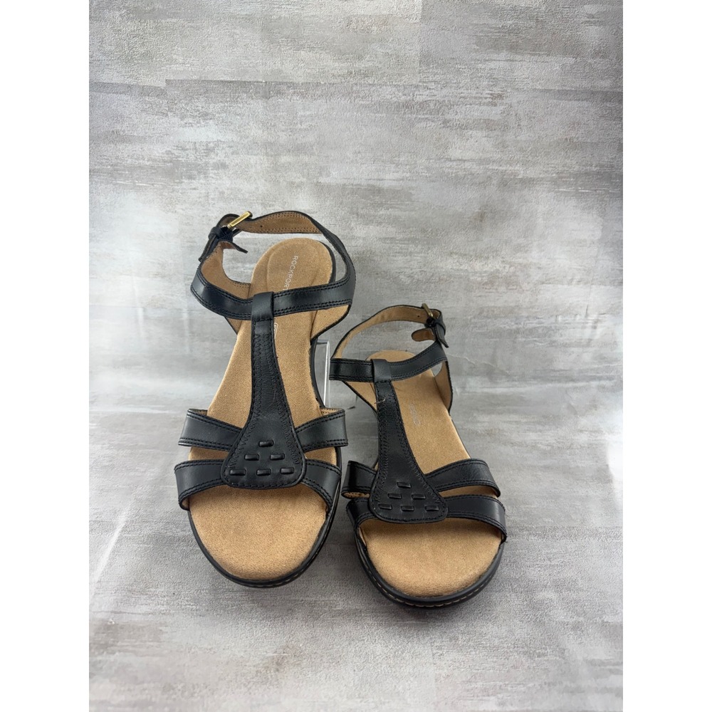 Rockport Cobb Hill Women Black Leather T-Strap Wedge Sandals M76149 Size 8W
